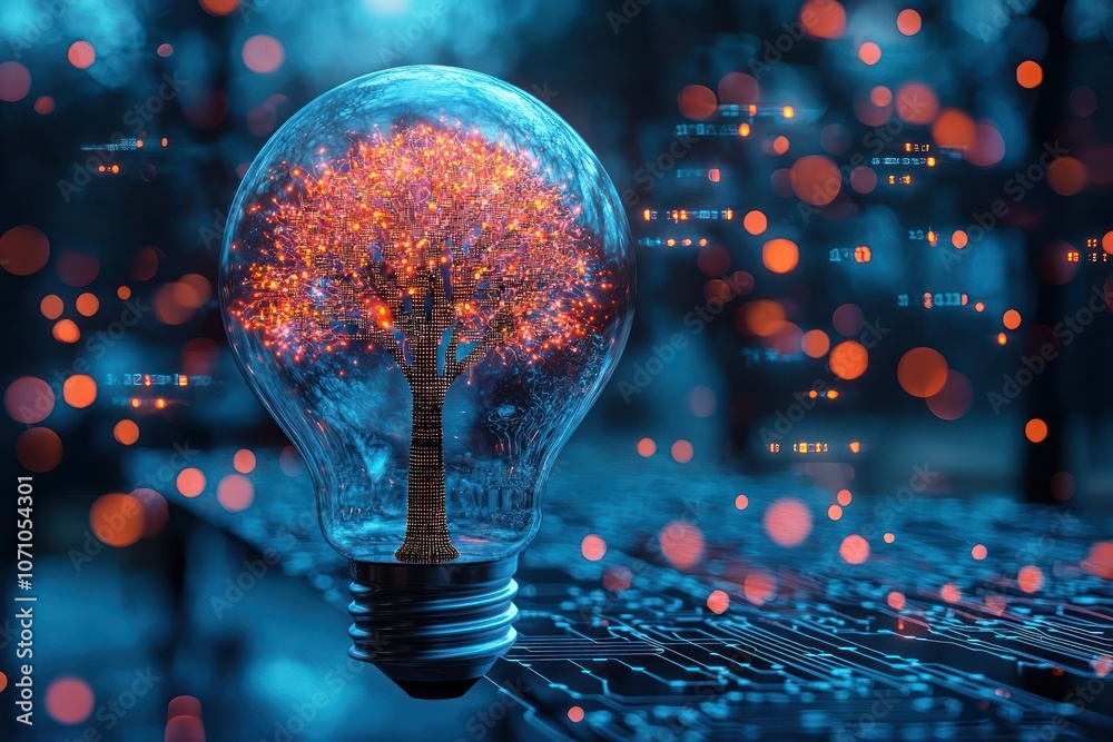 Poster illuminated tree inside light bulb on circuit board