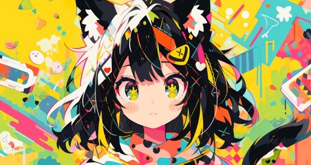 Cute anime girl with cat ears creating abstract art. Digital painting featuring flat colors, simple shapes, and a yellow background, in vibrant anime style.