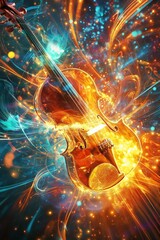 Fototapeta premium Glowing violin with intense fiery colors and abstract swirls symbolizing music and passion. Colorful and lively.