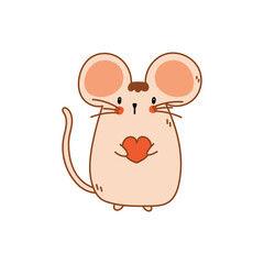 A cute mouse is holding a heart. Doodle rat, vector illustration