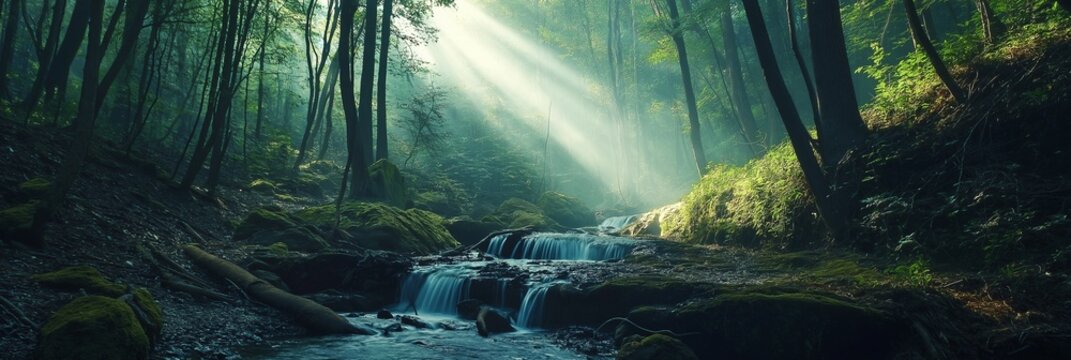 Sunbeams filter through thick woodland, creating a surreal glow on a gentle stream as tranquility fills the scenery.