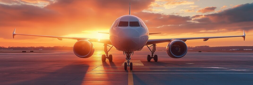 A plane is poised for takeoff at dusk, accented by the blazing colors of the sunset creating a bold horizon line.