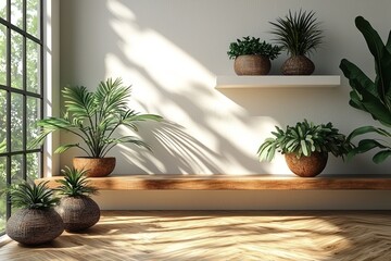 Obraz premium Sunlit Interior with Plants and Wooden Accents