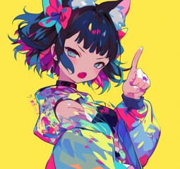 Naklejka premium Energetic and vibrant anime girl with cat ears, black hair, and colorful outfit, playfully sticking her middle finger up.