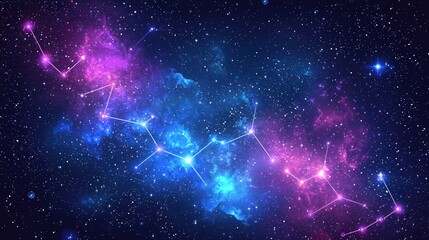 Fototapeta premium A constellation of stars connected by lines shines brightly against a backdrop of a dark, swirling nebula.