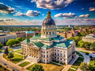 Fototapeta premium Majestic Kansas State Capitol Building in Topeka – A Stunning Portrait of Neoclassical Architecture with a Copper Dome Surrounded by Lush Greenery and Clear Blue Sky