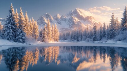 Fototapeta premium A serene winter scene with snow-covered mountains reflected in a frozen lake at sunrise.