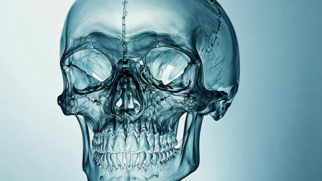 A detailed, 3D-rendered image of a human skull, showcasing the intricate bone structure