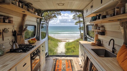 The inside of a van features a rustic kitchen area, overlooking a sandy path leading to the beach and sparkling ocean waves under a clear sky.