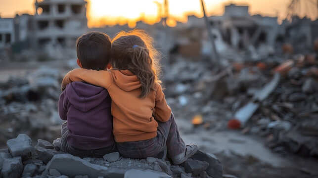 Two orphaned children embrace each other at dusk, amidst war ruins.
