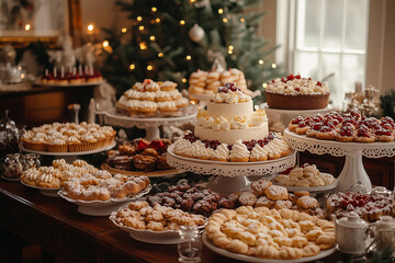 A beautifully decorated holiday table filled with an array of festive desserts and treats in a cozy winter setting