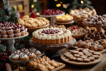 A beautifully decorated holiday table featuring an array of festive desserts, perfect for family gatherings during the winter season