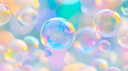 Close-up of iridescent soap bubbles with delicate reflections, creating a dreamy texture and vivid colors, perfect for abstract presentations and creative concepts