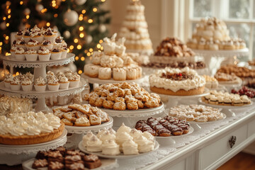 A beautifully decorated holiday table featuring an array of desserts and treats in a cozy, festive setting