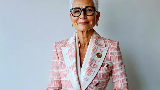 A woman with short, gray hair smiles in a pink checkered blazer