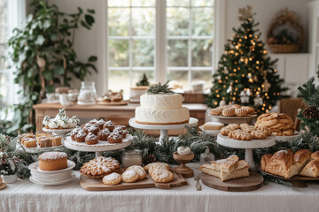 Elegant holiday table setting adorned with festive treats and decorations in a cozy indoor space during the winter season