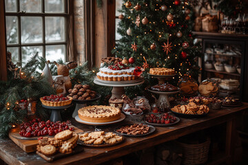 A beautifully decorated holiday table brimming with festive desserts and treats in a cozy winter setting