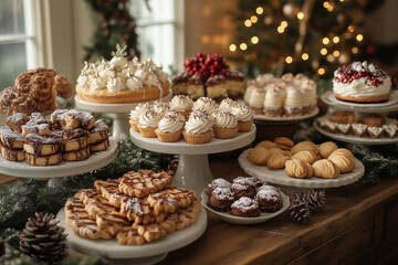 Elegant holiday table filled with deliciously decorated desserts and festive decorations for a seasonal gathering
