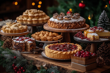 A beautifully decorated holiday table showcasing an array of delicious desserts and treats, set in a cozy festive setting