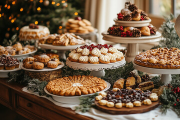 A beautifully decorated holiday table filled with an array of festive treats and desserts, perfect for seasonal celebrations and gatherings