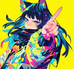 Naklejka premium Energetic and vibrant anime girl with cat ears, black hair, and colorful outfit, playfully sticking her middle finger up.