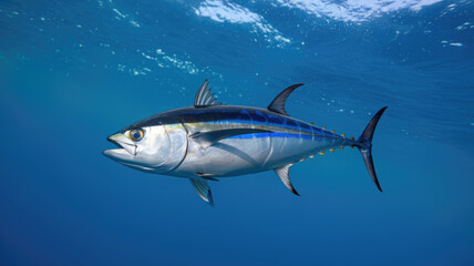 Naklejka premium A large blue and silver fish is swimming in the ocean. The fish is surrounded by water and he is in its natural habitat