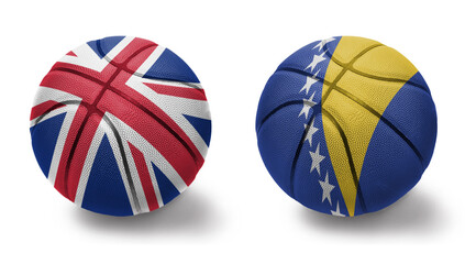 basketball balls with the national flags of bosnia and herzegovina and great britain on the white...