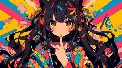 Naklejka premium Energetic and vibrant anime girl with cat ears, black hair, and colorful outfit, playfully sticking her middle finger up.