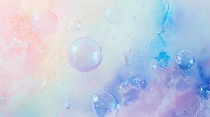 Clusters of iridescent bubbles overlapping, refracting light into pastel hues with soft reflections, creating a whimsical and playful textured background design