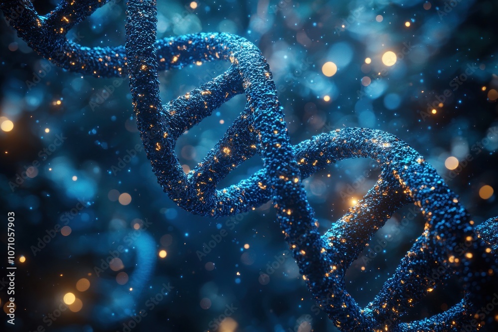 Poster a close-up of a glowing blue dna strand with a bokeh background.
