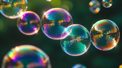 Abstract bubble-filled background with rainbow colors refracting through transparent orbs, forming a complex and visually striking pattern of light and reflections