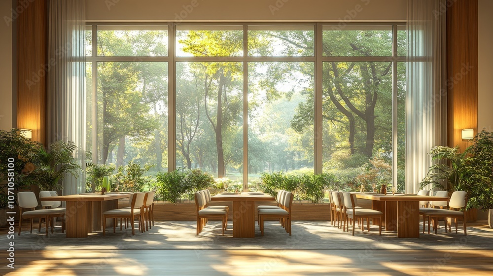 Poster The dining area features elegant wooden tables and chairs surrounded by lush greenery, illuminated by soft sunlight through expansive windows, creating a peaceful ambiance.
