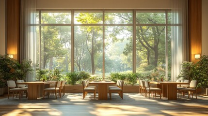 The dining area features elegant wooden tables and chairs surrounded by lush greenery, illuminated by soft sunlight through expansive windows, creating a peaceful ambiance.