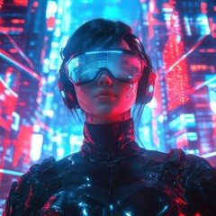 Obraz premium Futuristic cyberpunk woman wearing high-tech glasses and headphones stands in front of a neon-lit cityscape, with symmetrical composition, high-contrast lighting, holographic effects, vibrant colors.