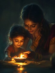 A Heartwarming Moment ofMother Guiding Her Child in LightingDiya Together