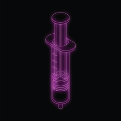Glowing purple outline of a medical syringe is standing on a black background