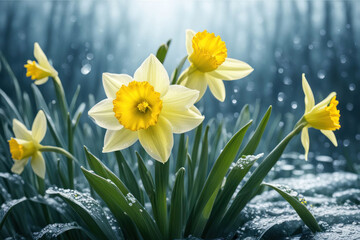 Fototapeta premium a beautiful cluster of daffodils, their white petals glistening with morning dew.