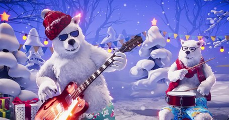 Christmas party: funny polar bears in red hat and scarf playing guitar and drums on winter holiday background. Animated video for greeting cards, holiday events, New Year parties - Powered by Adobe