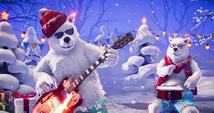 Christmas party: funny polar bears in red hat and scarf playing guitar and drums on winter holiday background. Animated video for greeting cards, holiday events, New Year parties