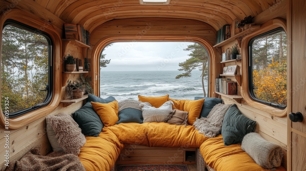 Poster nestled within a wooden structure, a cozy seating area with bright cushions overlooks a calm ocean. 