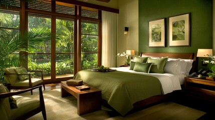 Fototapeta premium A tidy bedroom boasts a beautifully made bed and an expansive window offering a scenic view of the trees beyond the room