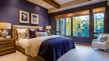 Fototapeta premium Modern bedroom design with Future Dusk color palette accentuating comfort and style