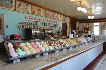 A vintage ice cream parlor with a counter full of different ice cream flavors and toppings
