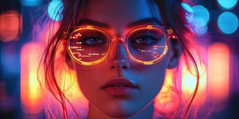 Obraz premium Close-up Portrait of a Woman with Neon Lights Reflecting in Her Glasses