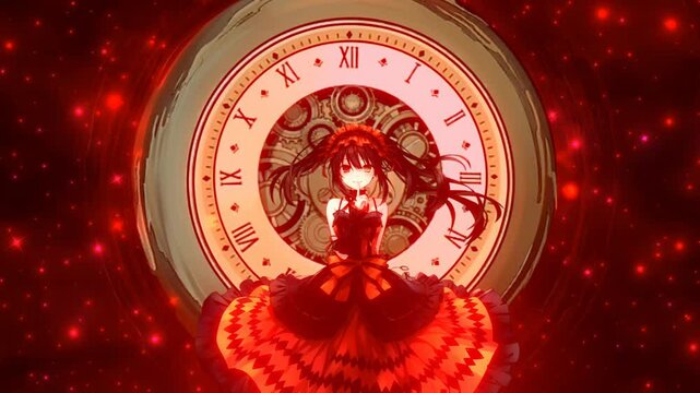 anime girl on a background of clocks and stars, anime wallpaper