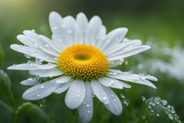 Obraz premium a close-up view of a white daisy with water droplets glistening on its petals.