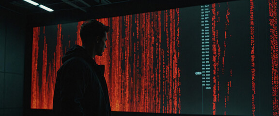 Cyberpunk Enigma: A lone figure is silhouetted against a massive digital display, awash in vibrant red code, creating a mysterious and captivating scene.