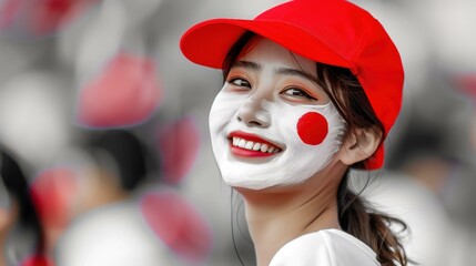 Energetic Japanese fan at sports event with face painted in Japan flag colors, red and white, cheering enthusiastically.