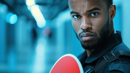 Black security guard with access denied sign  concept image depicting denied access by an African American security guard.