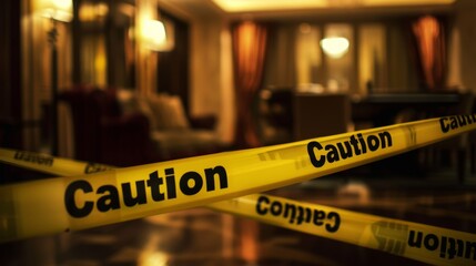 Caution tape stretches across the dimly lit room indicating a restricted area following an incident in the local establishment